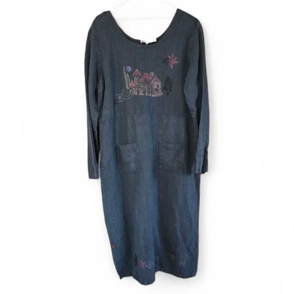 Vintage Lucky & Izzy M/L Linen Long Sleeve Dress Hand Painted Wearable Art Boho - Picture 3 of 13